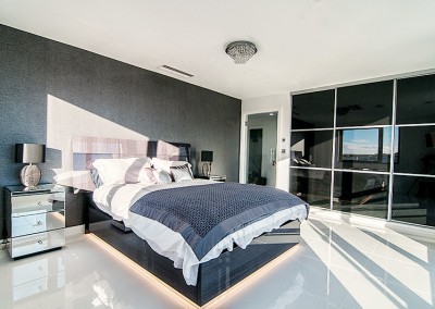 interior of black and white bedroom